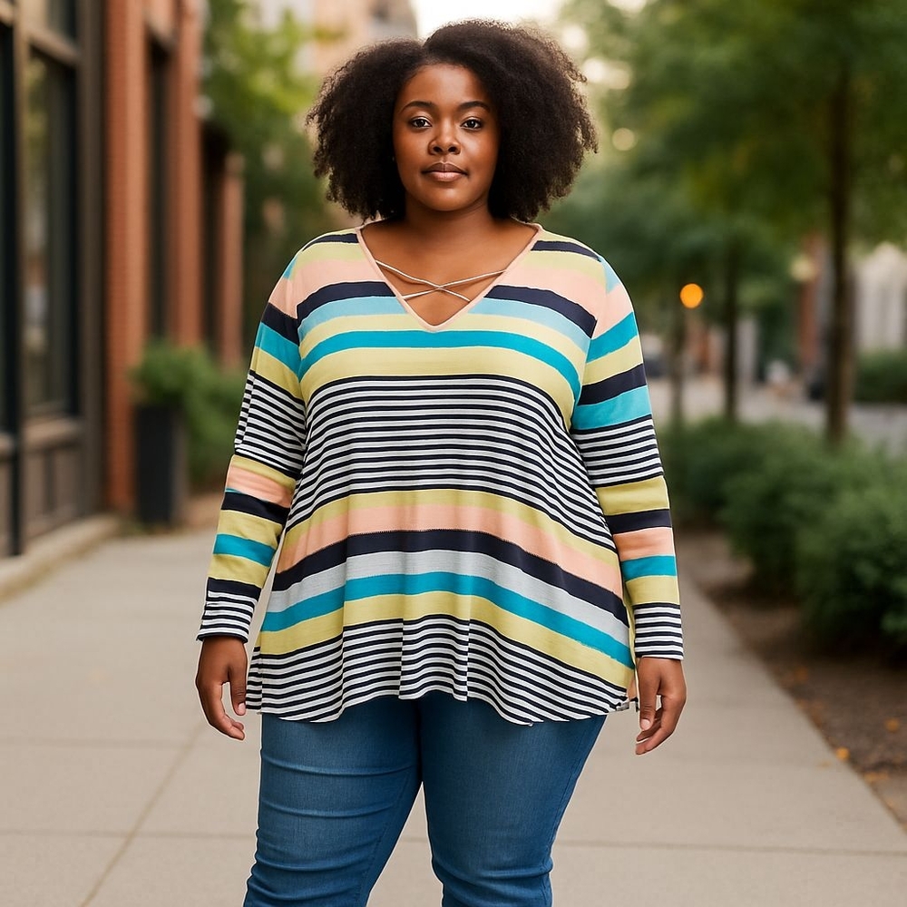 Kim Rogers Striped Multicolor V-Neck Top